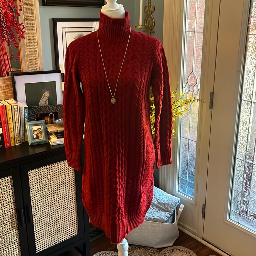 Ann Taylor Deep Red Turtleneck Cableknit Sweater Dress